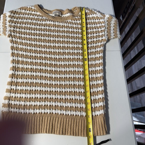 Loft Sweater WM Tan/white Stripe Open Knit Long Sleeve Chic Artisanal Classic - Picture 11 of 13